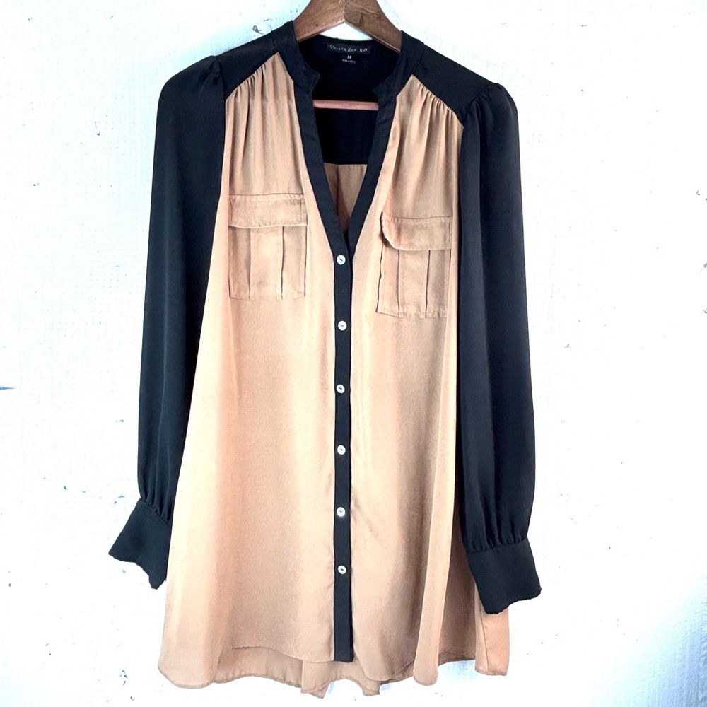 Double Zero M Smart Womens Workwear Pocketed Black Tan Tunic Blouse